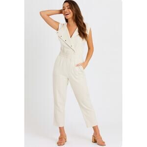 En Saison White Denim Asymmetrical Anthropologie Utility Cropped Jumpsuit XS